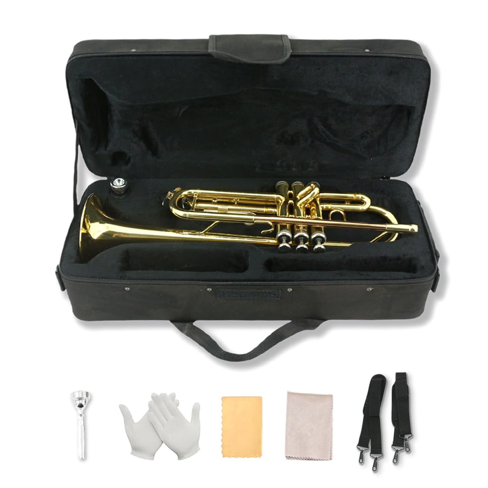 Standard Trumpet Set with Carrying Hard Case, 7C Mouthpiece, Cleaning Cloth and Gloves Q24744