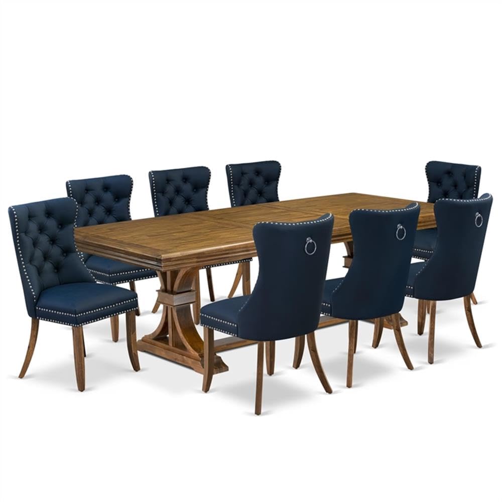 9-Piece Acacia Wood Dining Set with Navy Blue Faux Leather Chairs T41116