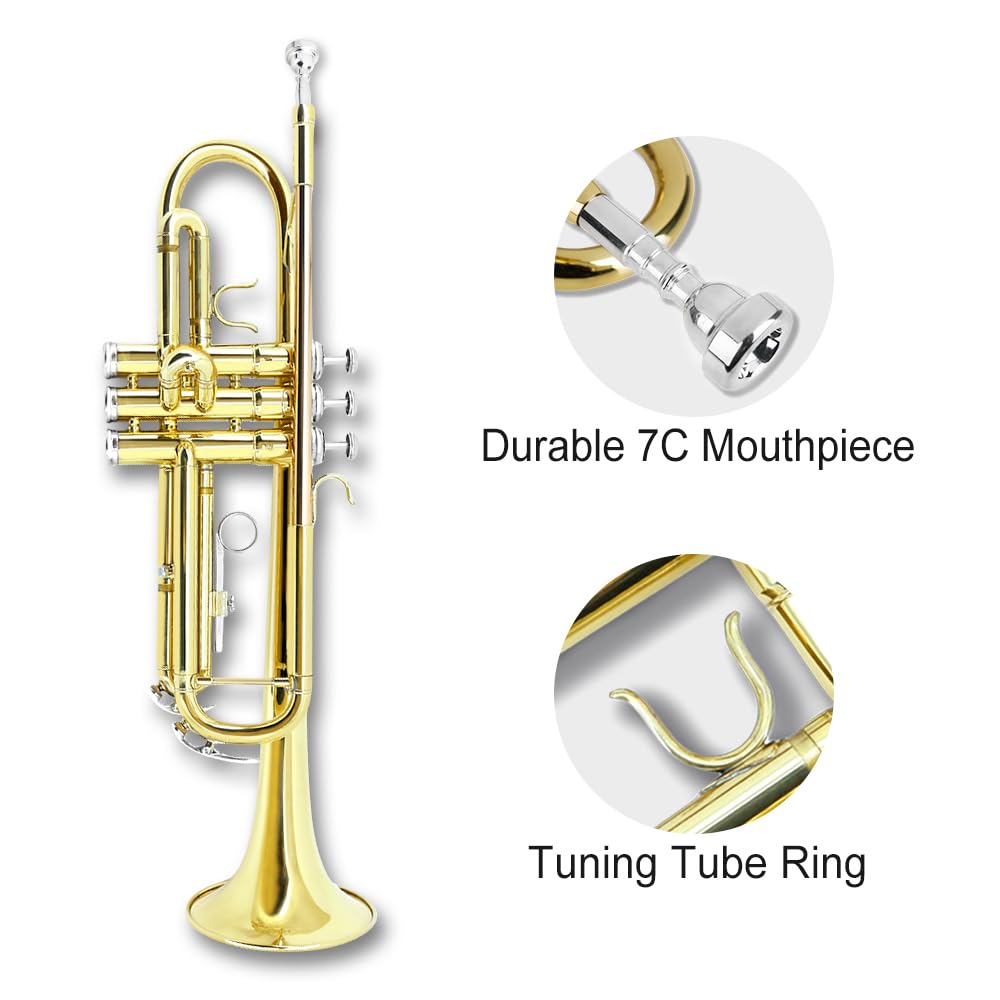 Standard Trumpet Set with Carrying Hard Case, 7C Mouthpiece, Cleaning Cloth and Gloves Q24744