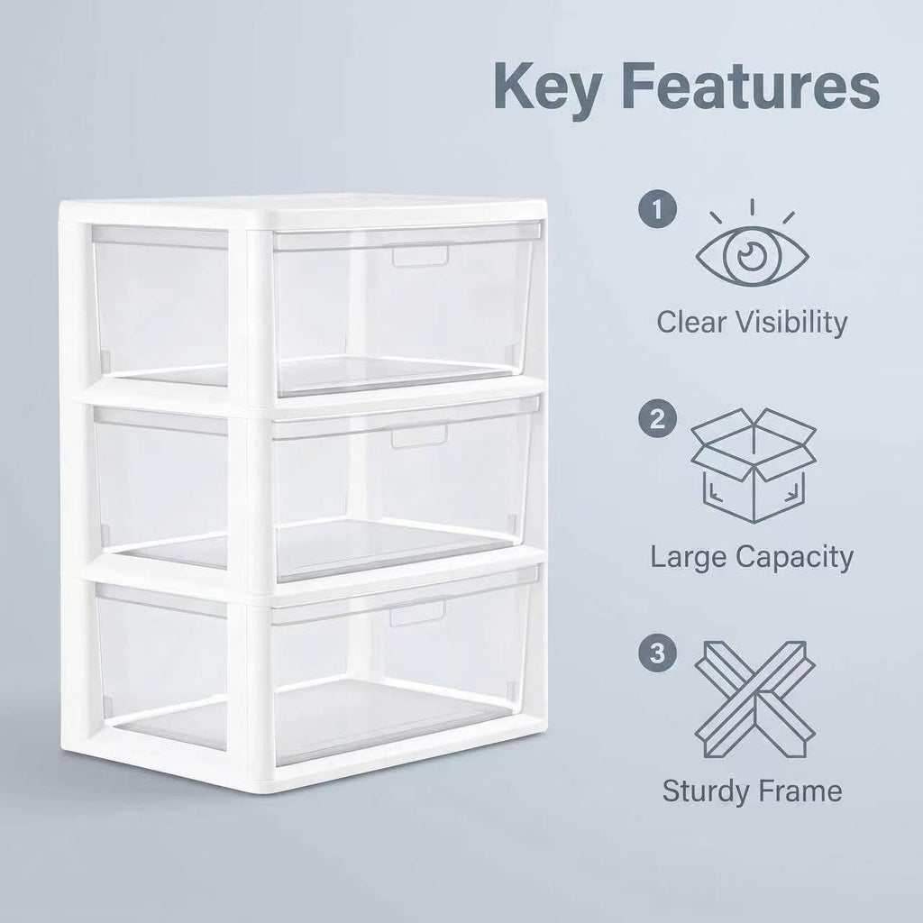 White 3 Drawer Plastic Storage Tower with Clear Bins I907