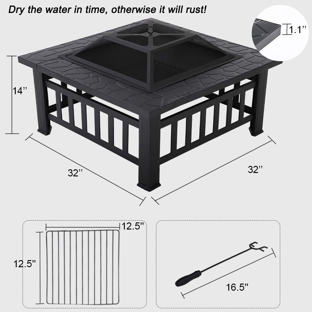 32'' Black Metal Square Wood Burning Fire Pit with Spark Screen Cover, Log Grate, Poker K134600