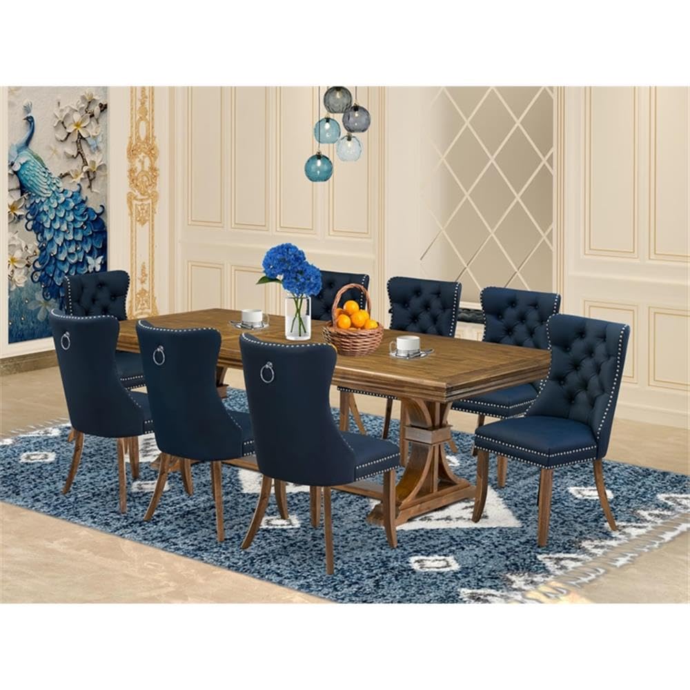 9-Piece Acacia Wood Dining Set with Navy Blue Faux Leather Chairs T41116