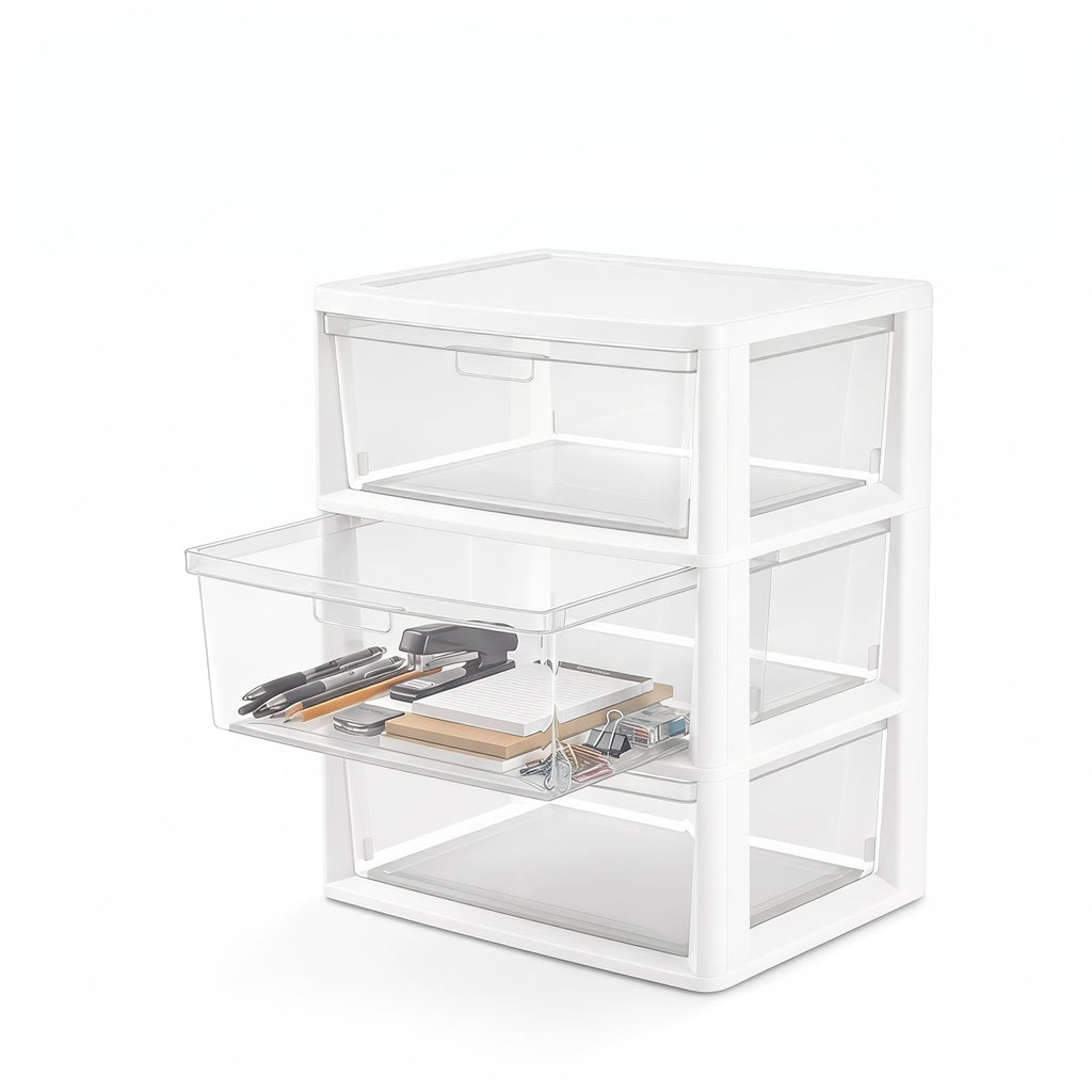 White 3 Drawer Plastic Storage Tower with Clear Bins I907