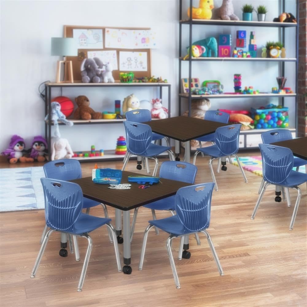 42" Square Mobile Table with 4 Blue Stack Chairs L93009
