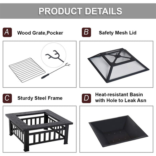 32'' Black Metal Square Wood Burning Fire Pit with Spark Screen Cover, Log Grate, Poker K134600