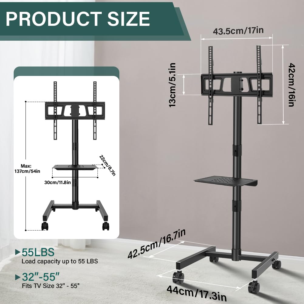 Rolling TV Stand with Wheels for 32-55Inch Screens up to 55lbs Black P180381