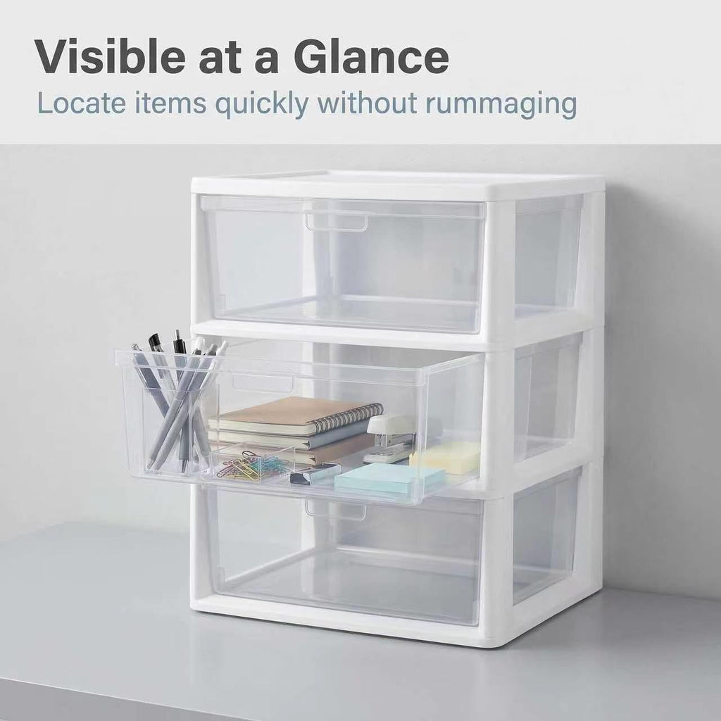 White 3 Drawer Plastic Storage Tower with Clear Bins I907
