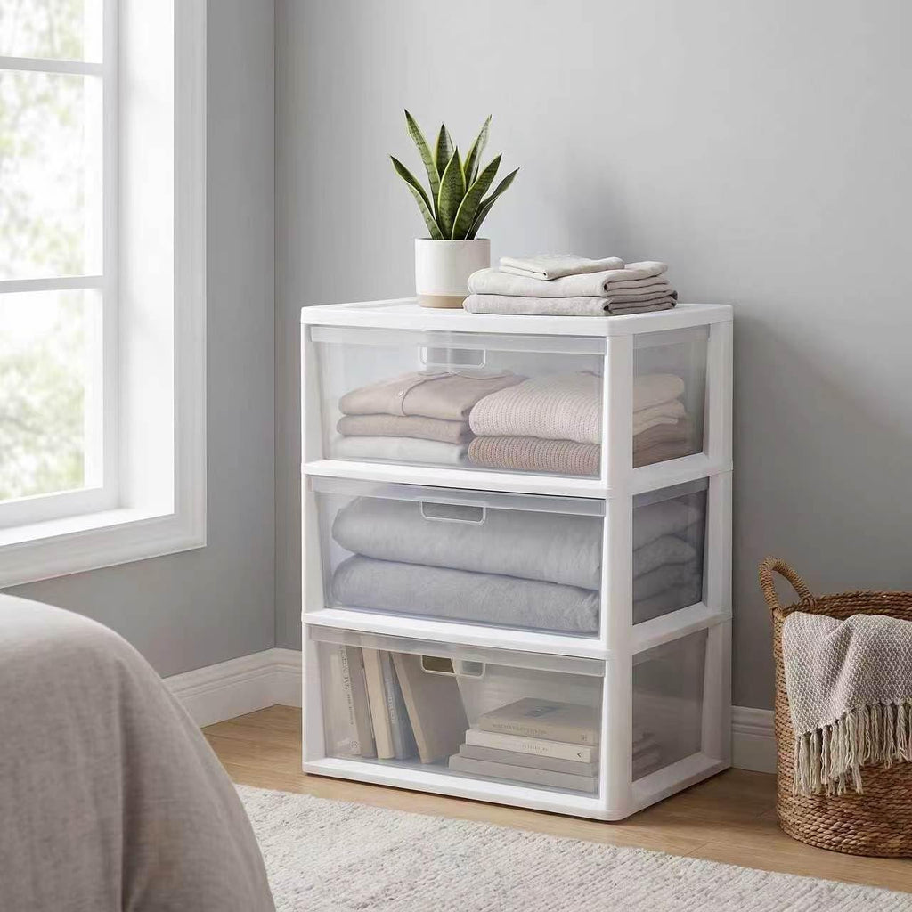 White 3 Drawer Plastic Storage Tower with Clear Bins I907