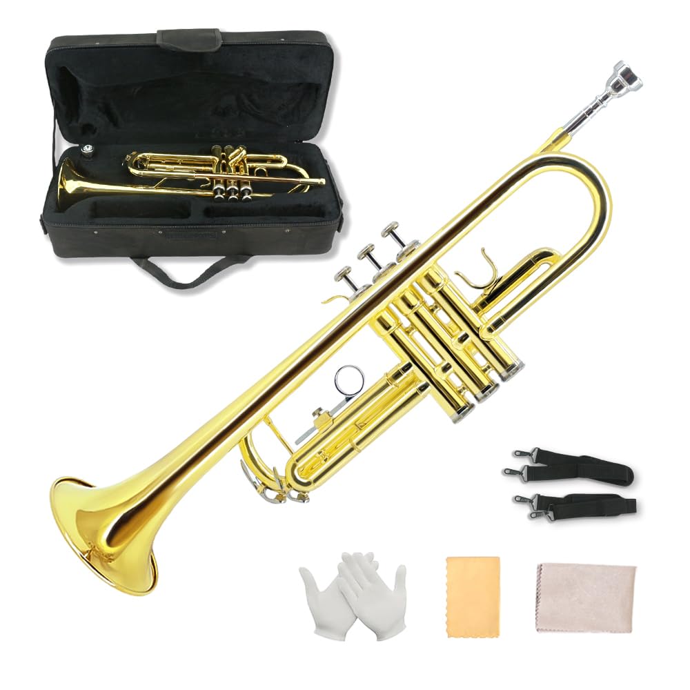 Standard Trumpet Set with Carrying Hard Case, 7C Mouthpiece, Cleaning Cloth and Gloves Q24744