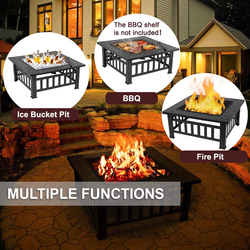 32'' Black Metal Square Wood Burning Fire Pit with Spark Screen Cover, Log Grate, Poker K134600