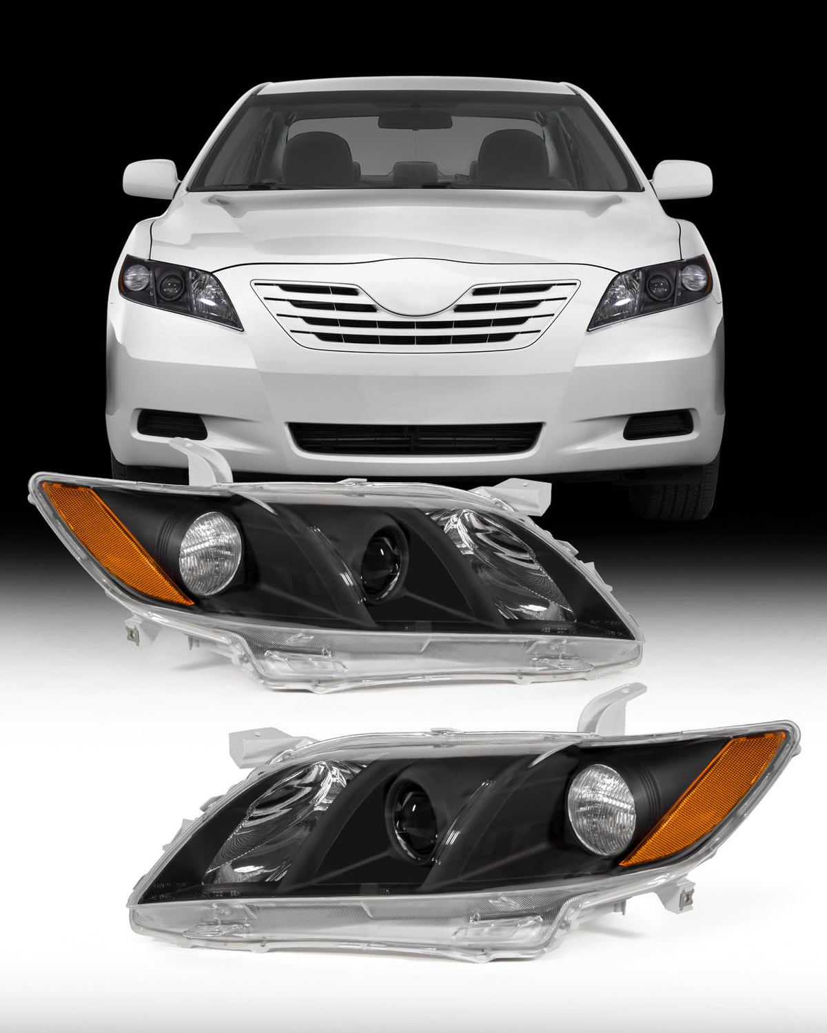 Compatible with 2007-2009 Toyota Camry Headlights Assembly Black Housing Amber Reflectors Left and Right Pairs F712302