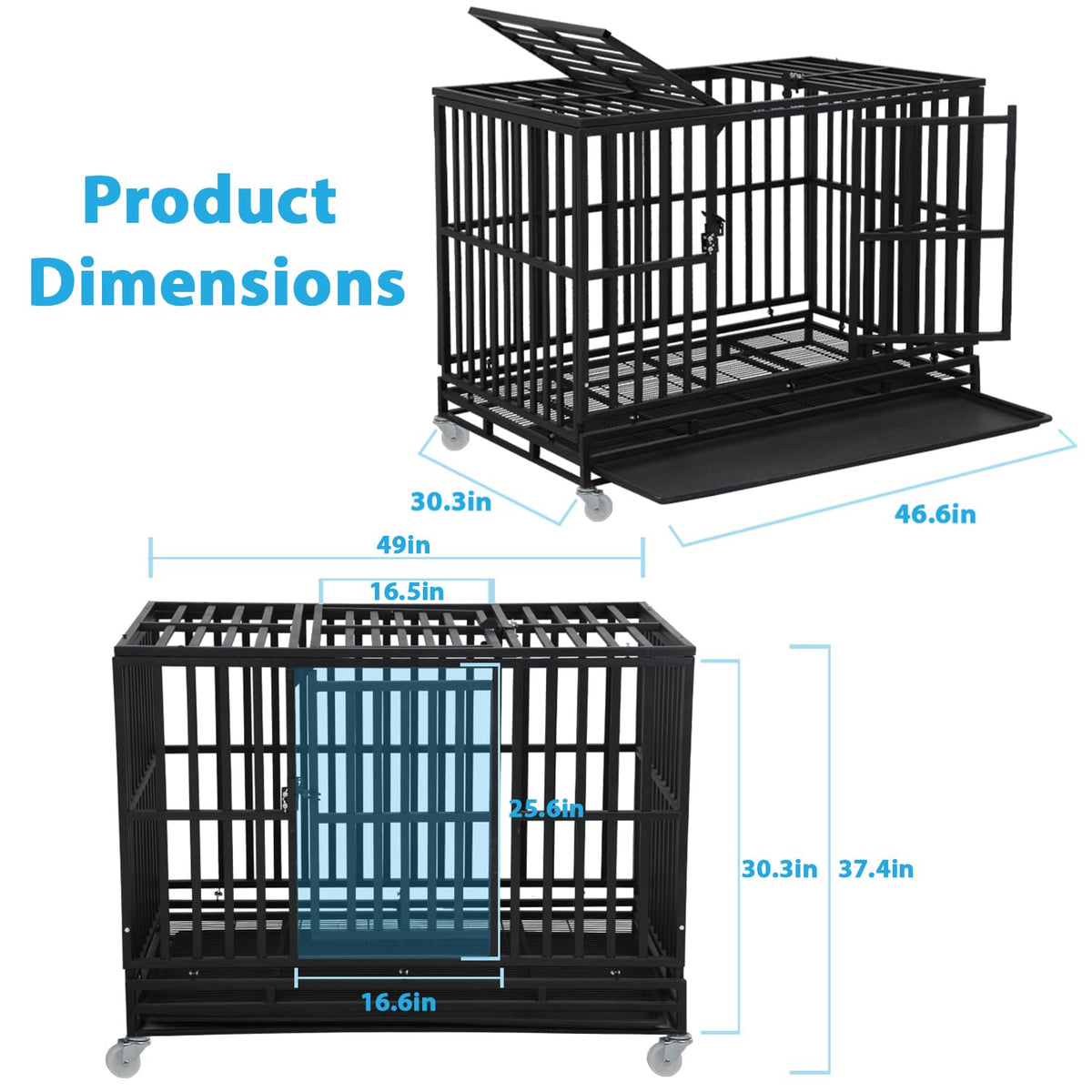 48 Inch Heavy Duty Dog Crate with Plastic Tray Double Doors W1043