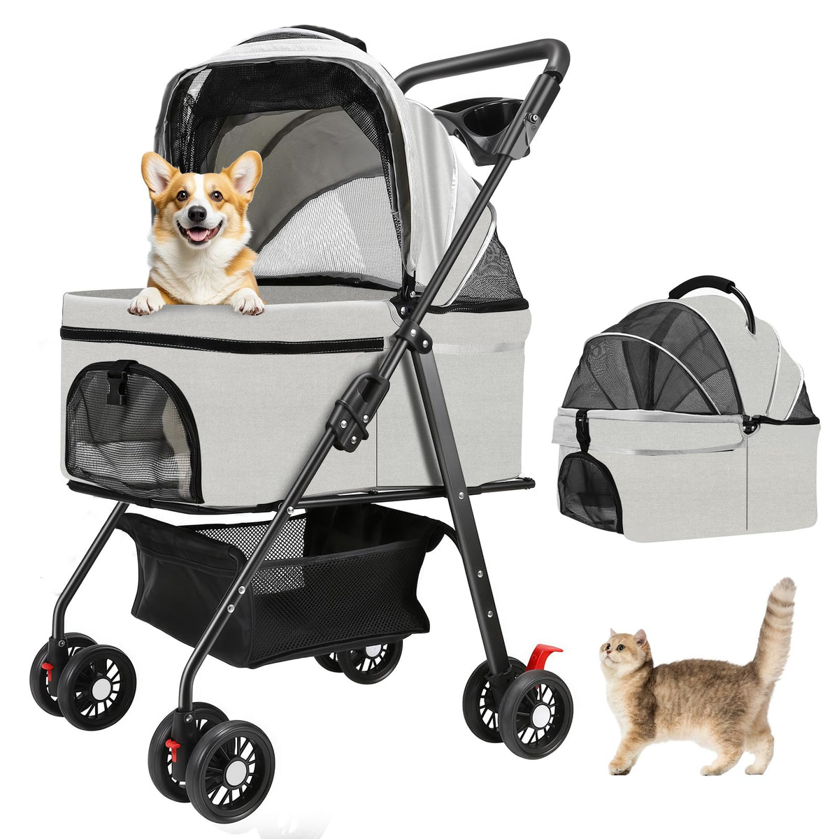 4 Wheels Foldable Pet Stroller with Detachable Carrier C9883