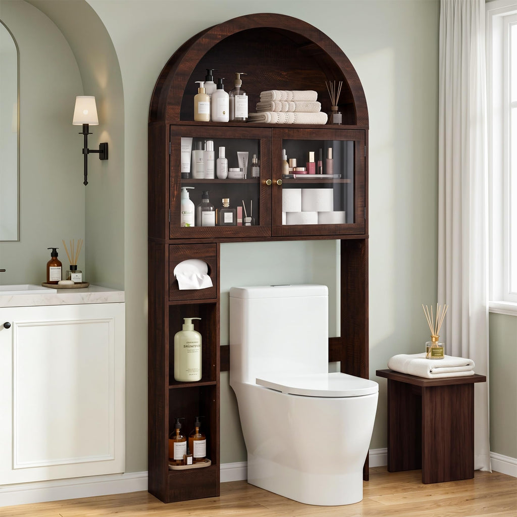 Over the Toilet Storage Cabinet with Arched Top, 68" Tall, Dark Walnut W336