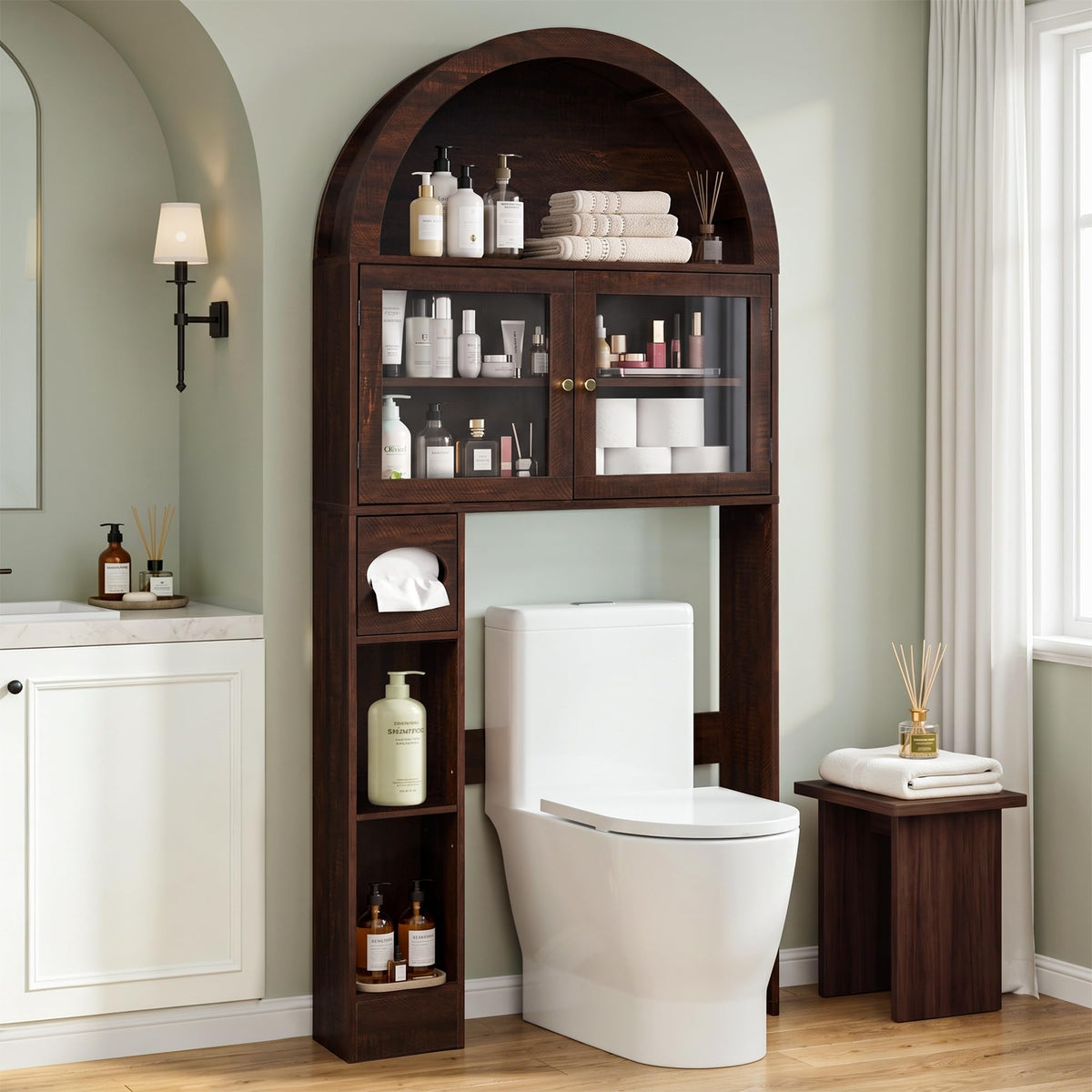 Over the Toilet Storage Cabinet with Arched Top, 68" Tall, Dark Walnut W336