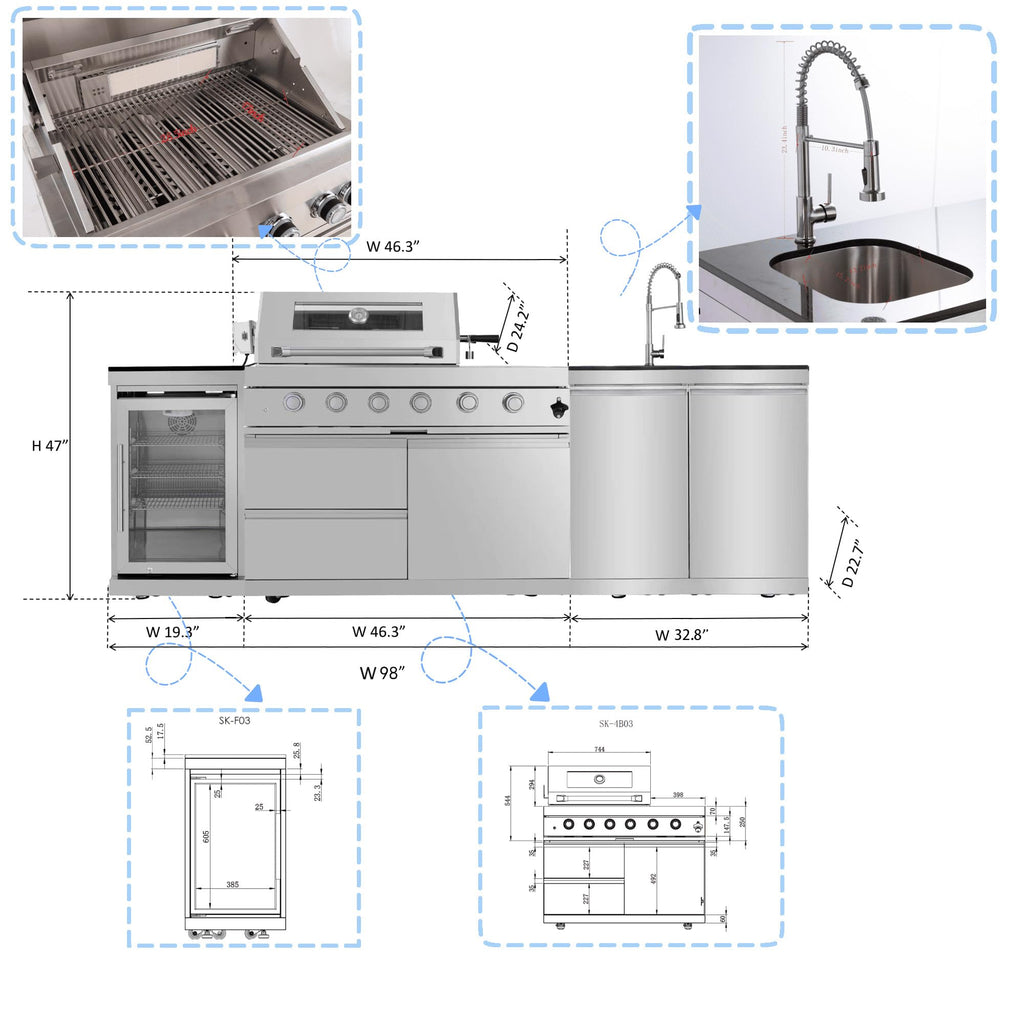 98 Inches 4-Burner Propane Stainless Steel Outdoor Kitchen Island with Refrigerator and Sink X97863