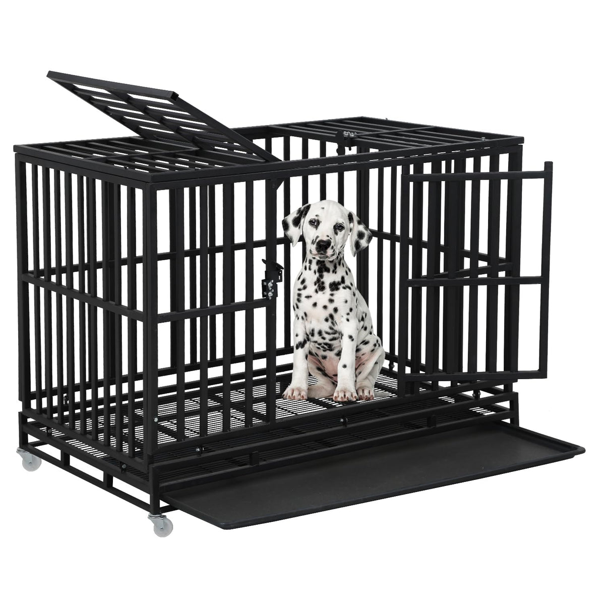 48 Inch Heavy Duty Dog Crate with Plastic Tray Double Doors W1043