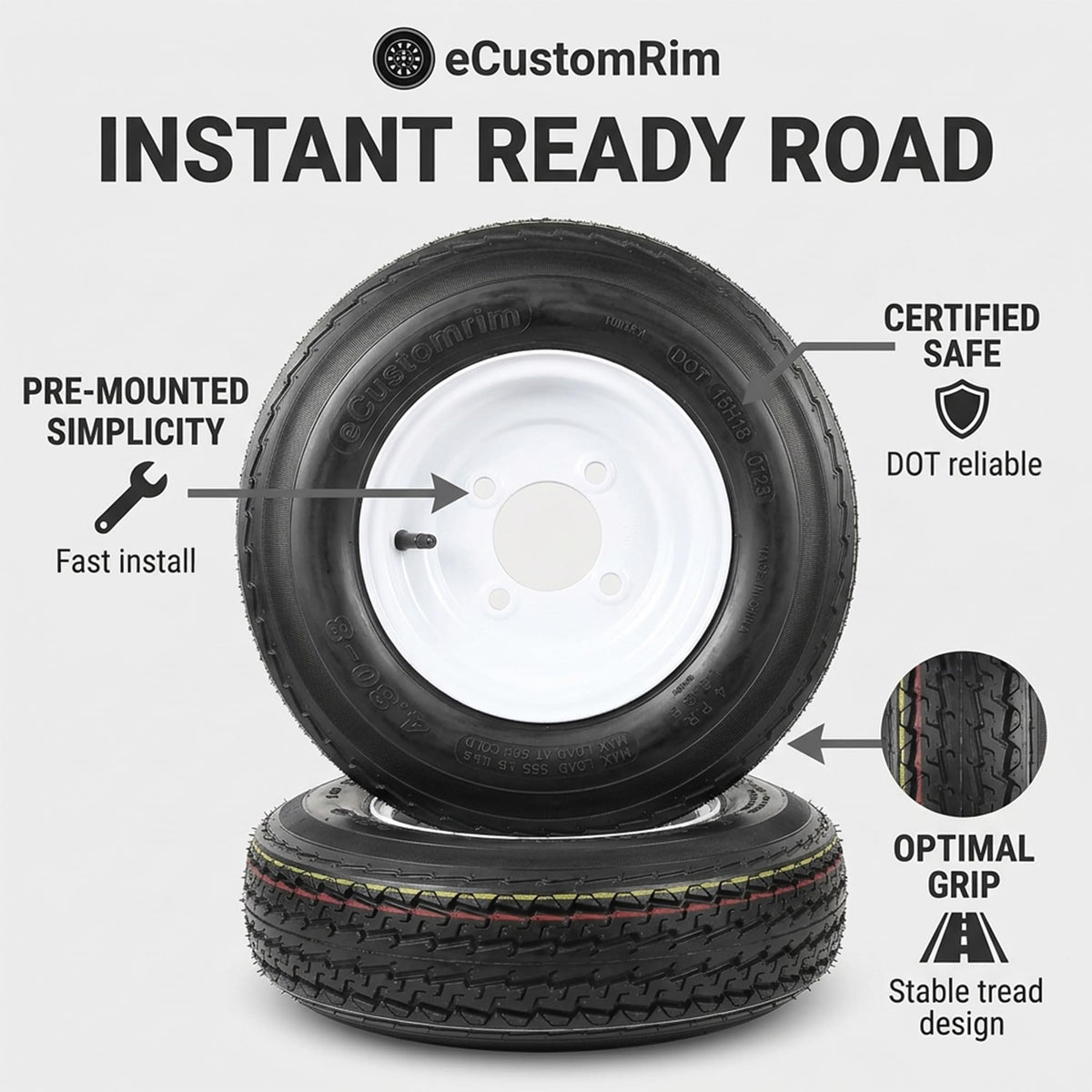 2-Pack Trailer Tire Rim Assembly 4.80-8 4 Lug White V82141