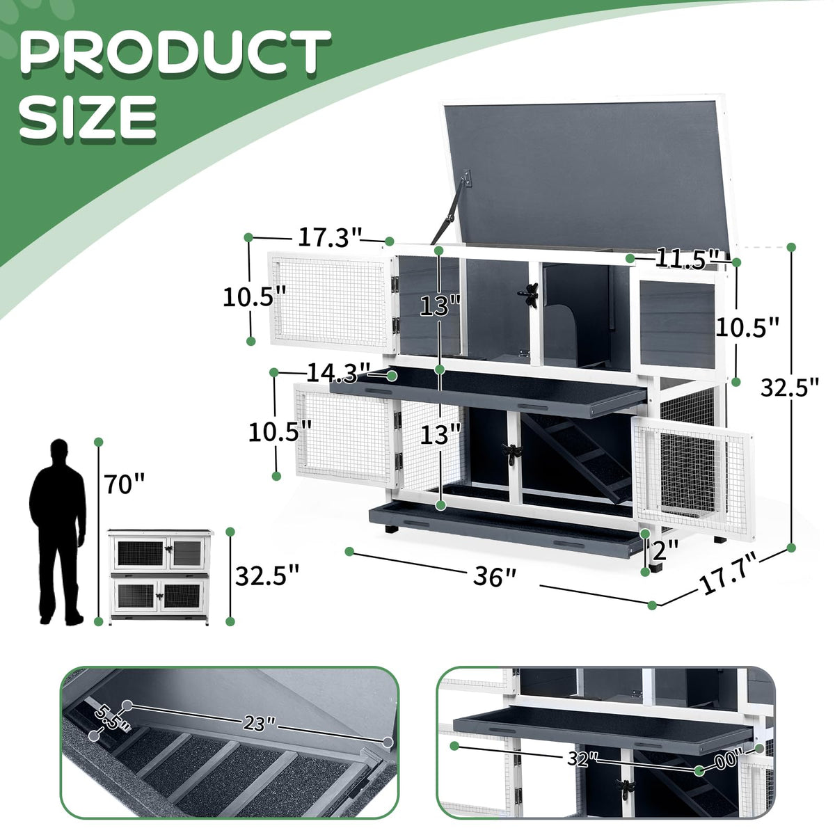 2 Story Solid Wood Rabbit Hutch with Removable Tray V660747