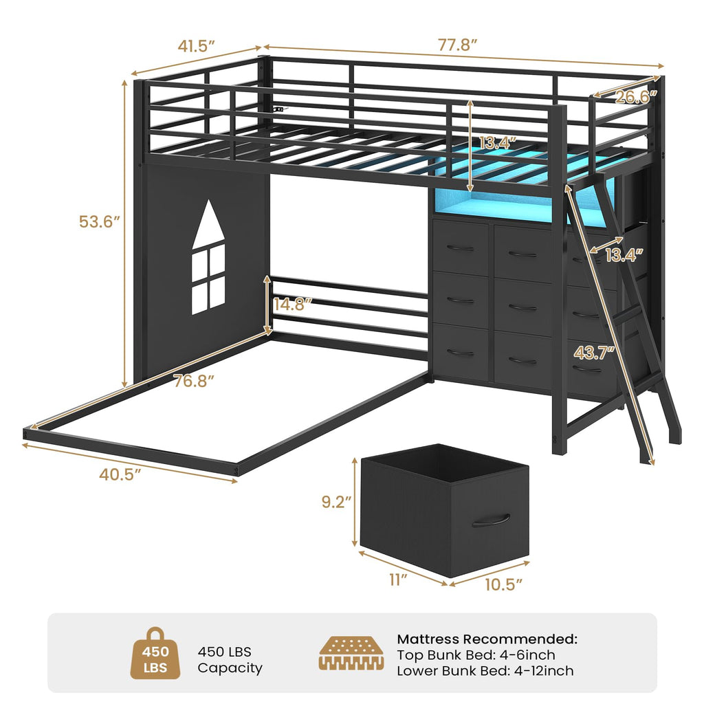 Twin Over Twin L-Shaped Bunk Bed with 9 Storage Drawers, LED Lights, Guardrail & Ladder, Black F756870
