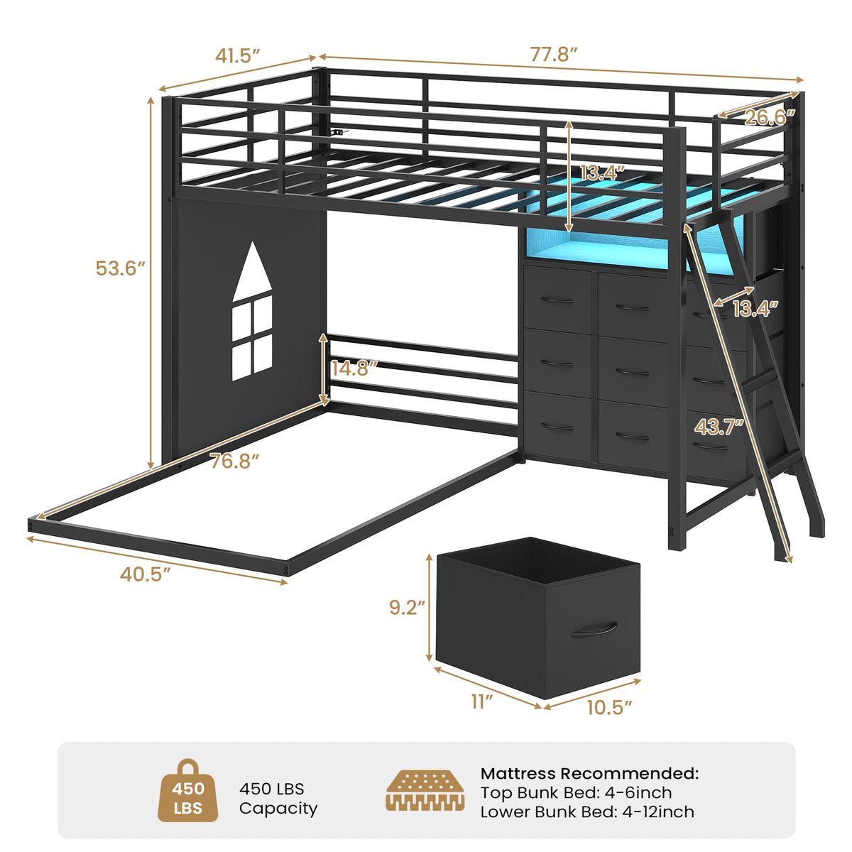 Twin Over Twin L-Shaped Bunk Bed with 9 Storage Drawers, LED Lights, Guardrail & Ladder, Black F756870