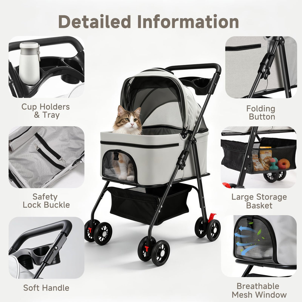 4 Wheels Foldable Pet Stroller with Detachable Carrier C9883