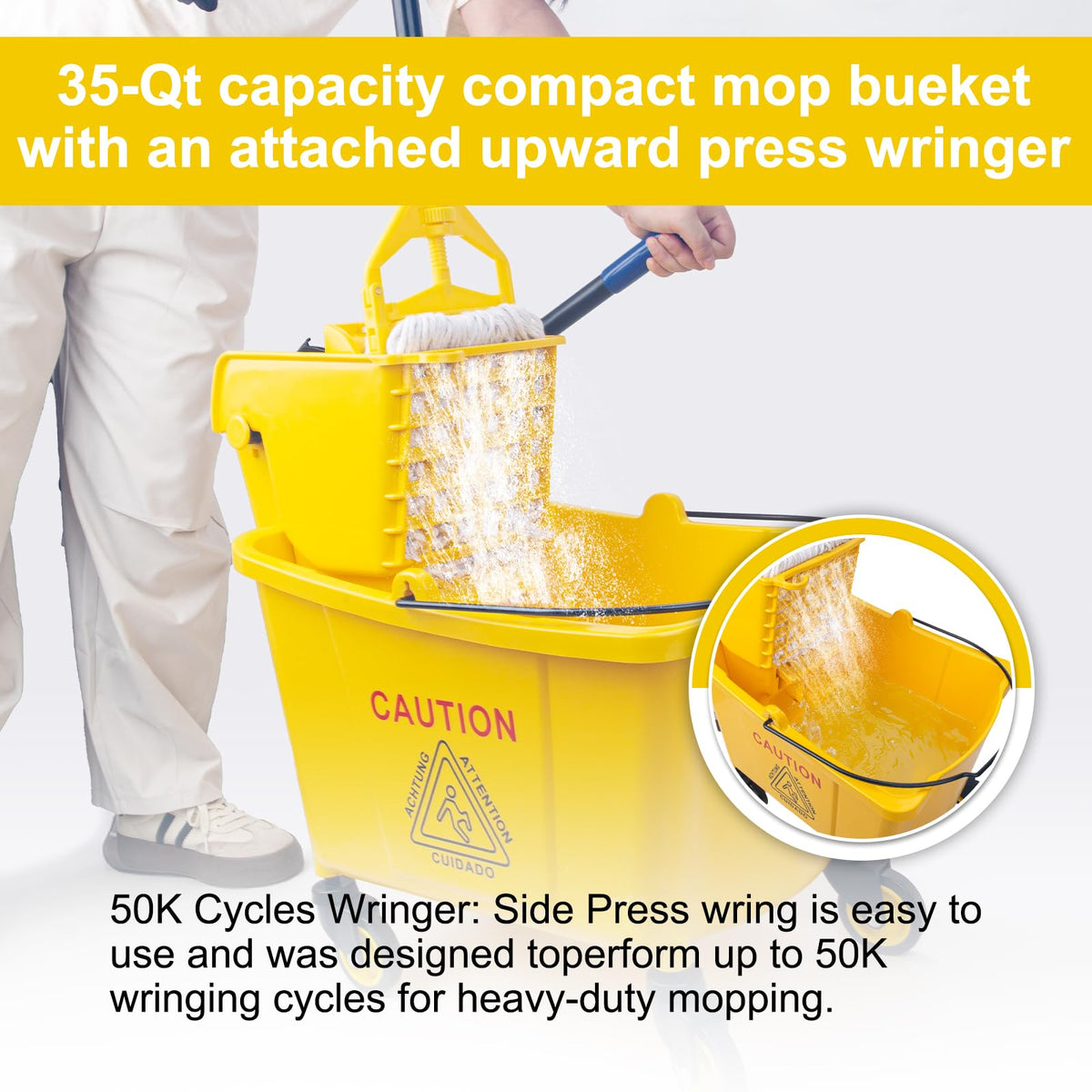 35 Qt Side Press Mop Bucket on Wheels Set, Yellow M4153