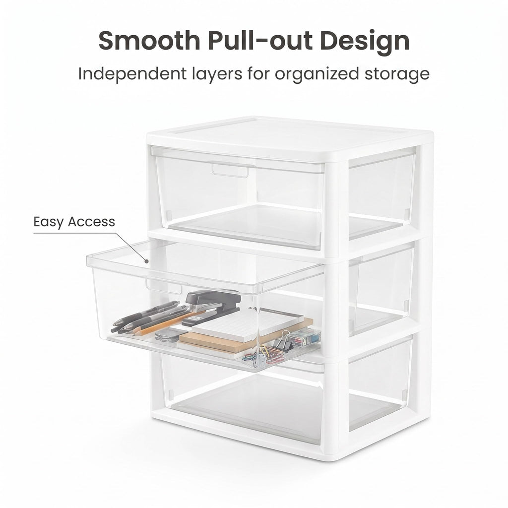 White 3 Drawer Plastic Storage Tower with Clear Bins I907