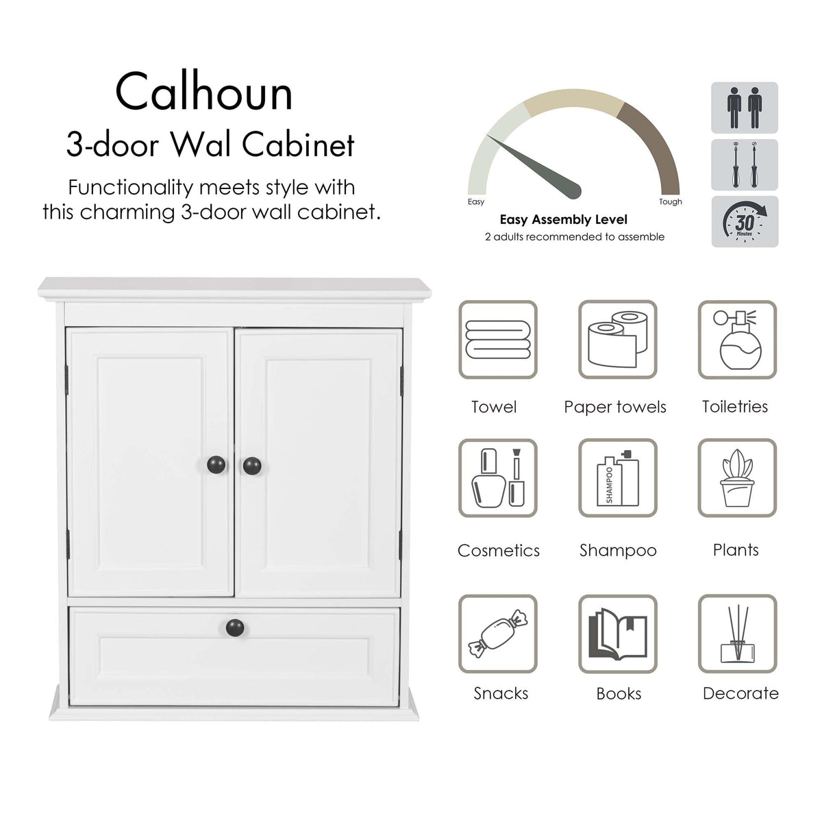 White Bathroom Wall Cabinet with Doors D973626