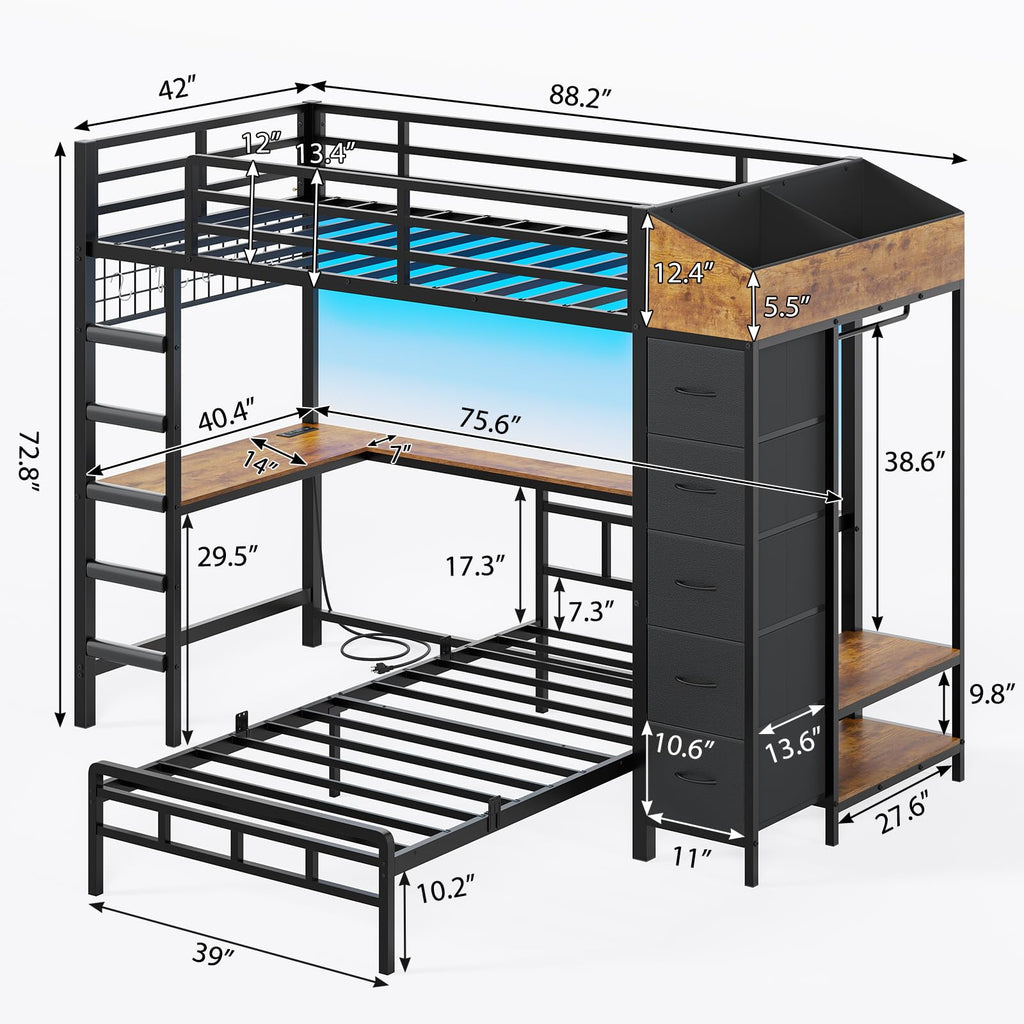Black L-Shaped Bunk Bed with Desk and Stairs B3680