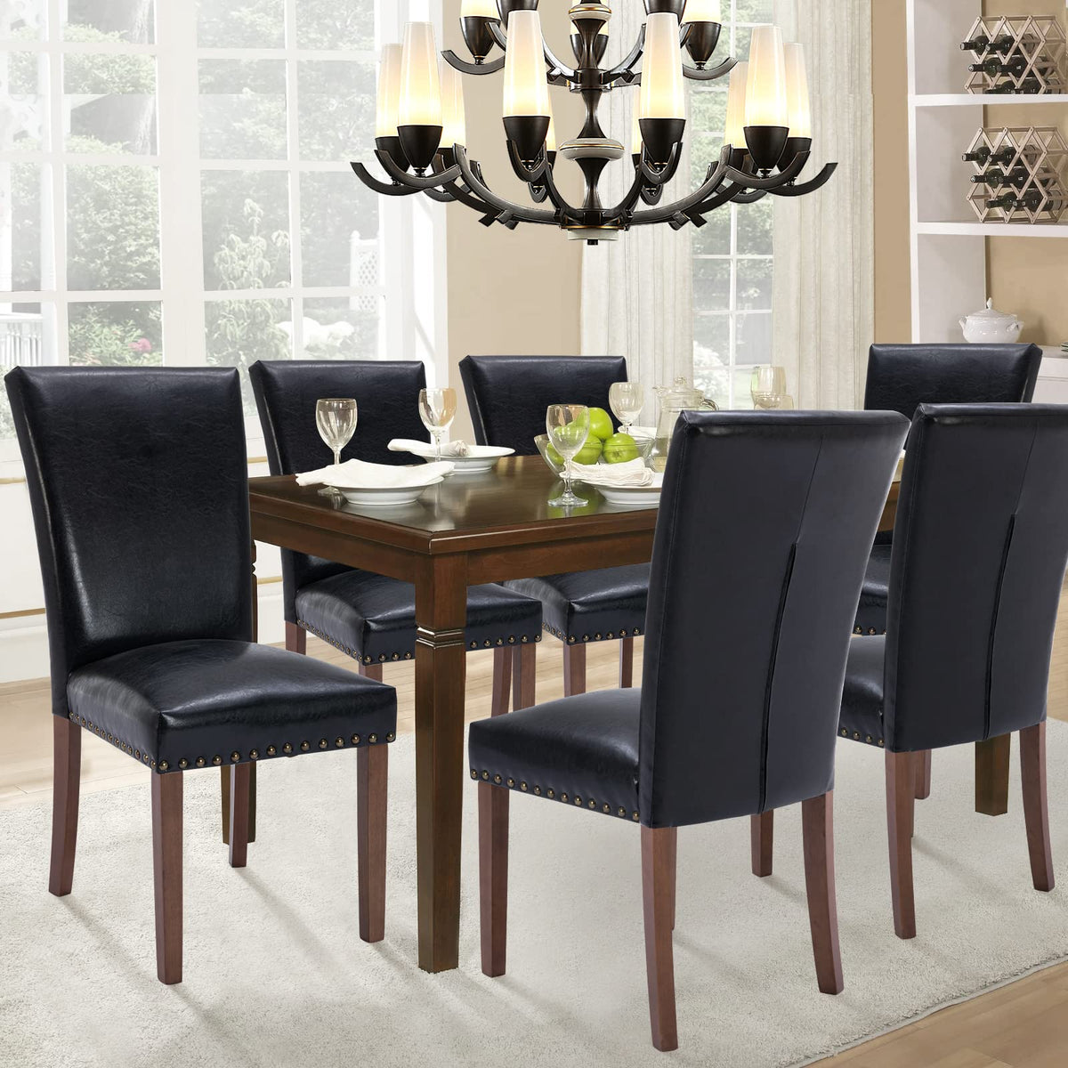 Black Upholstered Dining Chairs Set of 6 with Wood Legs L4065