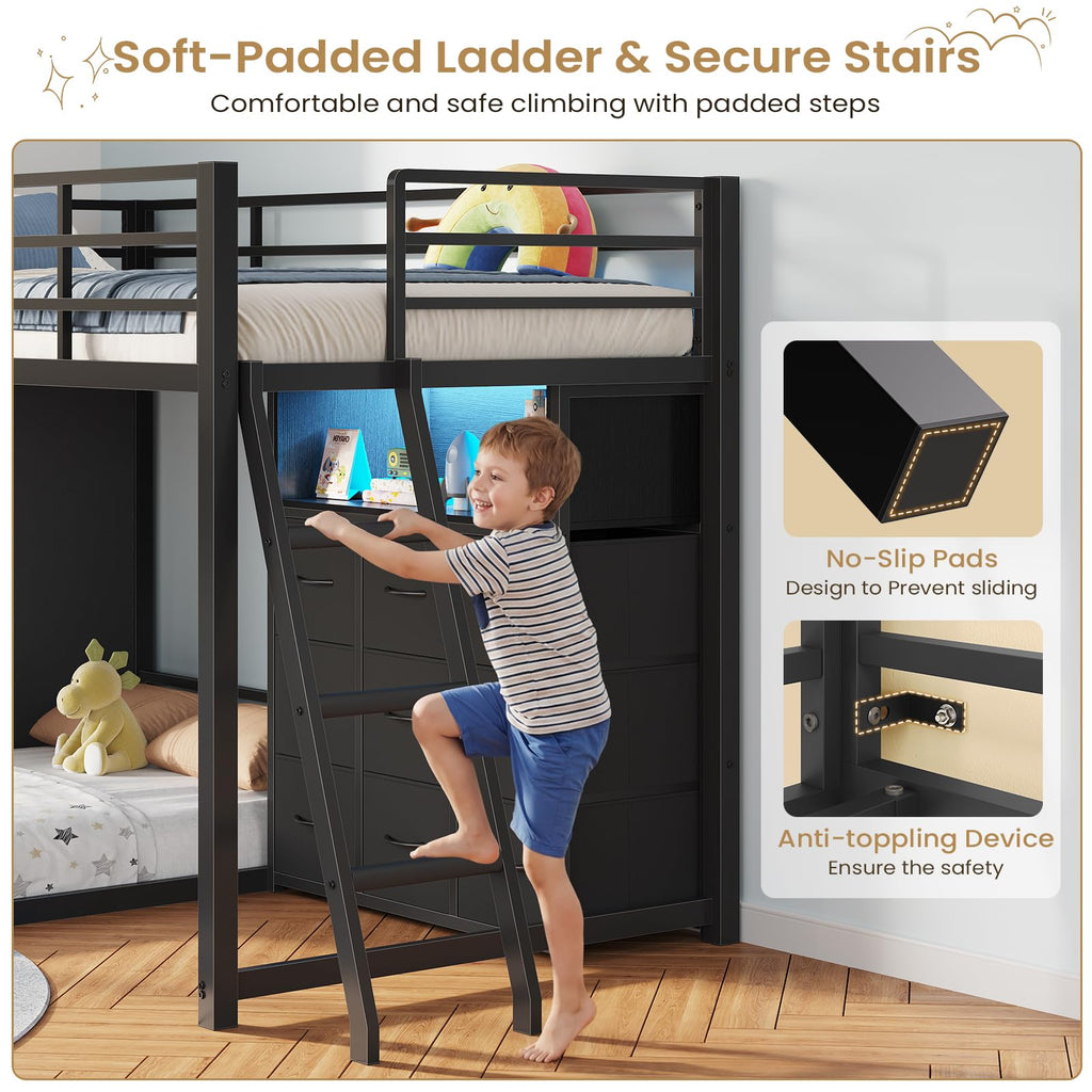 Twin Over Twin L-Shaped Bunk Bed with 9 Storage Drawers, LED Lights, Guardrail & Ladder, Black F756870