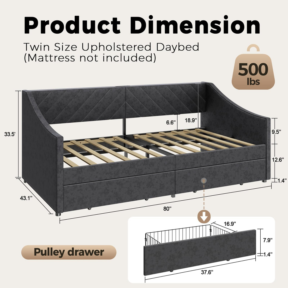 Twin Size Upholstered Daybed with 2 Storage Drawers V98140