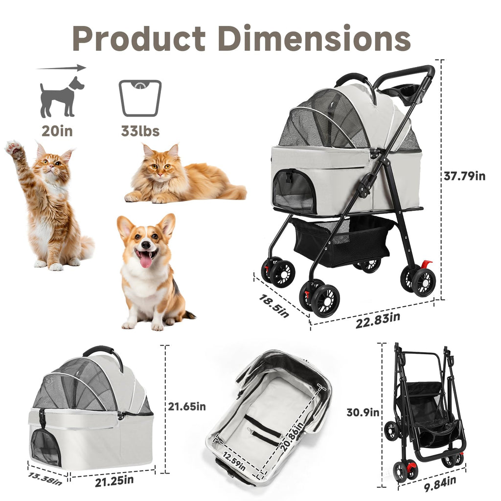 4 Wheels Foldable Pet Stroller with Detachable Carrier C9883