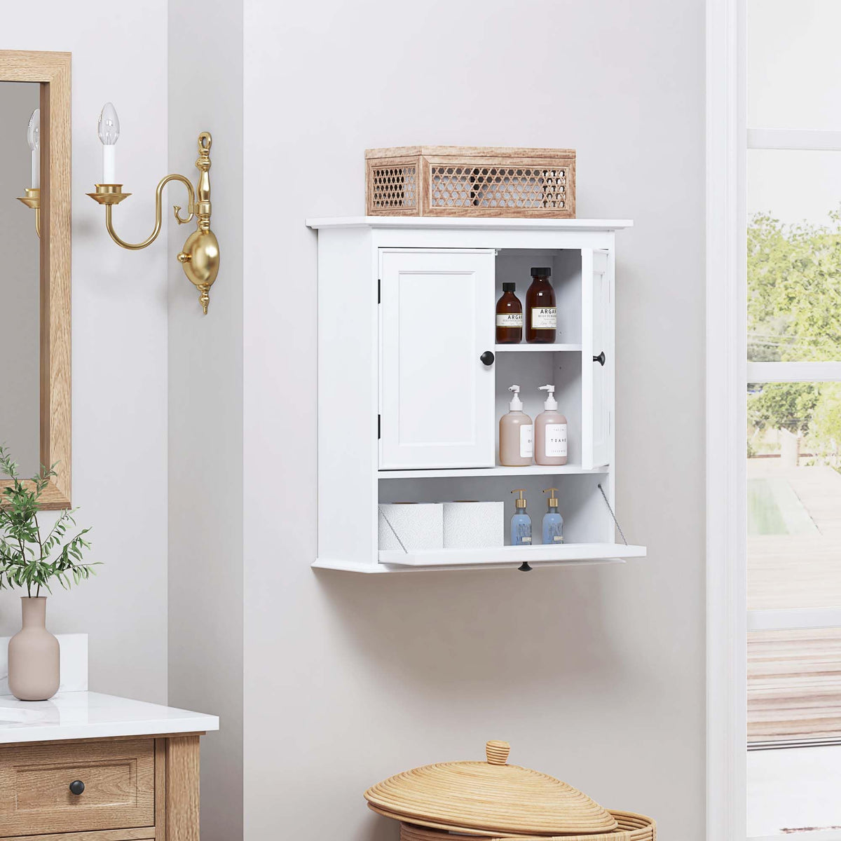 White Bathroom Wall Cabinet with Doors D973626