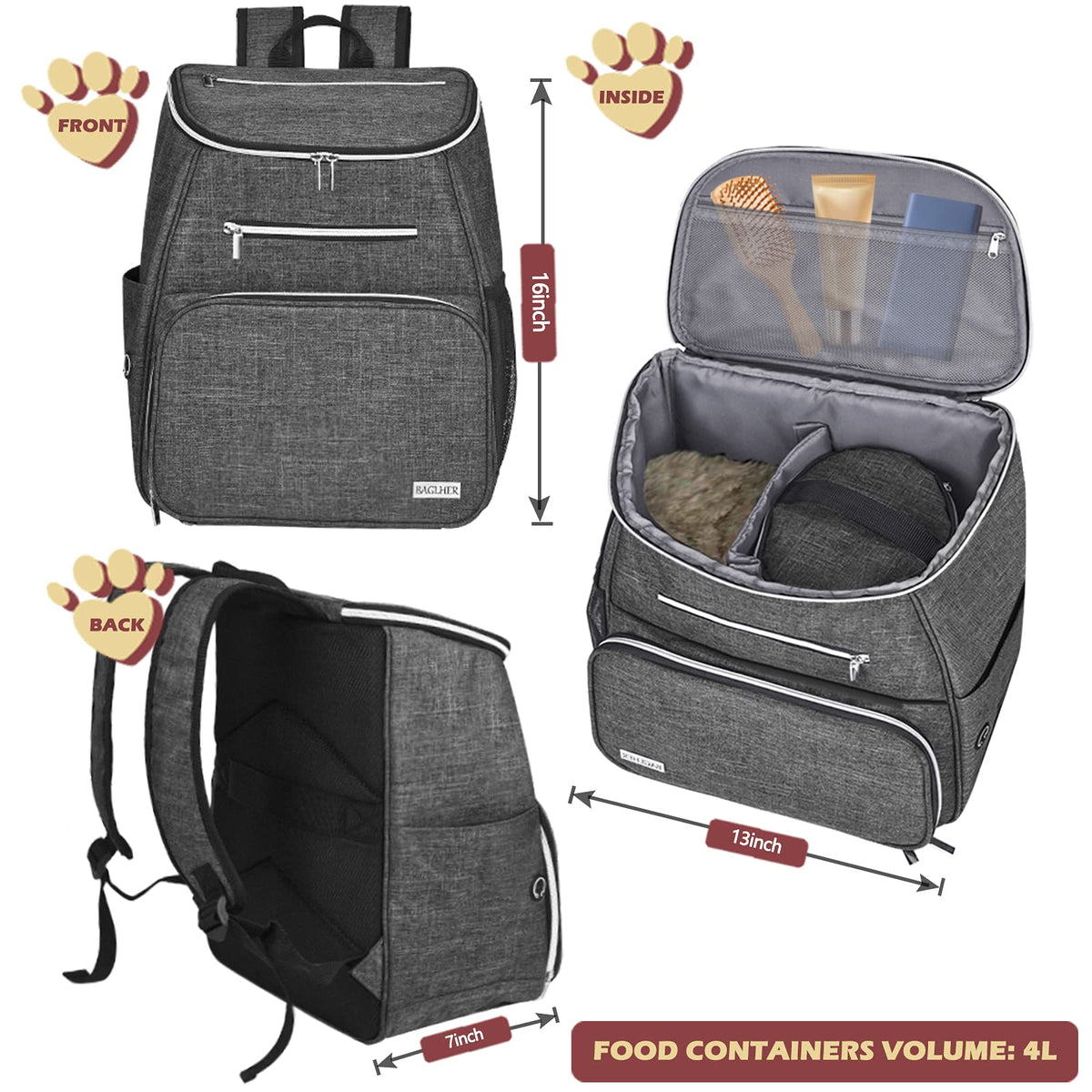 Dog Travel Bag Backpack with 2 Silicone Collapsible Bowls and 2 Food Baskets Grey W694