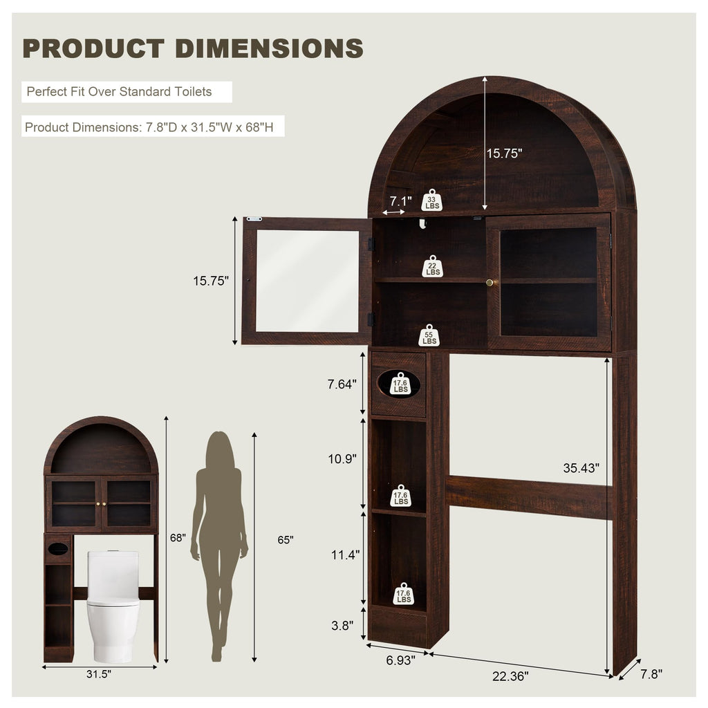Over the Toilet Storage Cabinet with Arched Top, 68" Tall, Dark Walnut W336