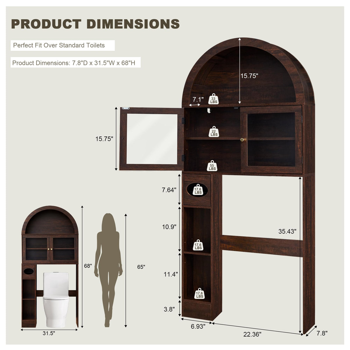 Over the Toilet Storage Cabinet with Arched Top, 68" Tall, Dark Walnut W336