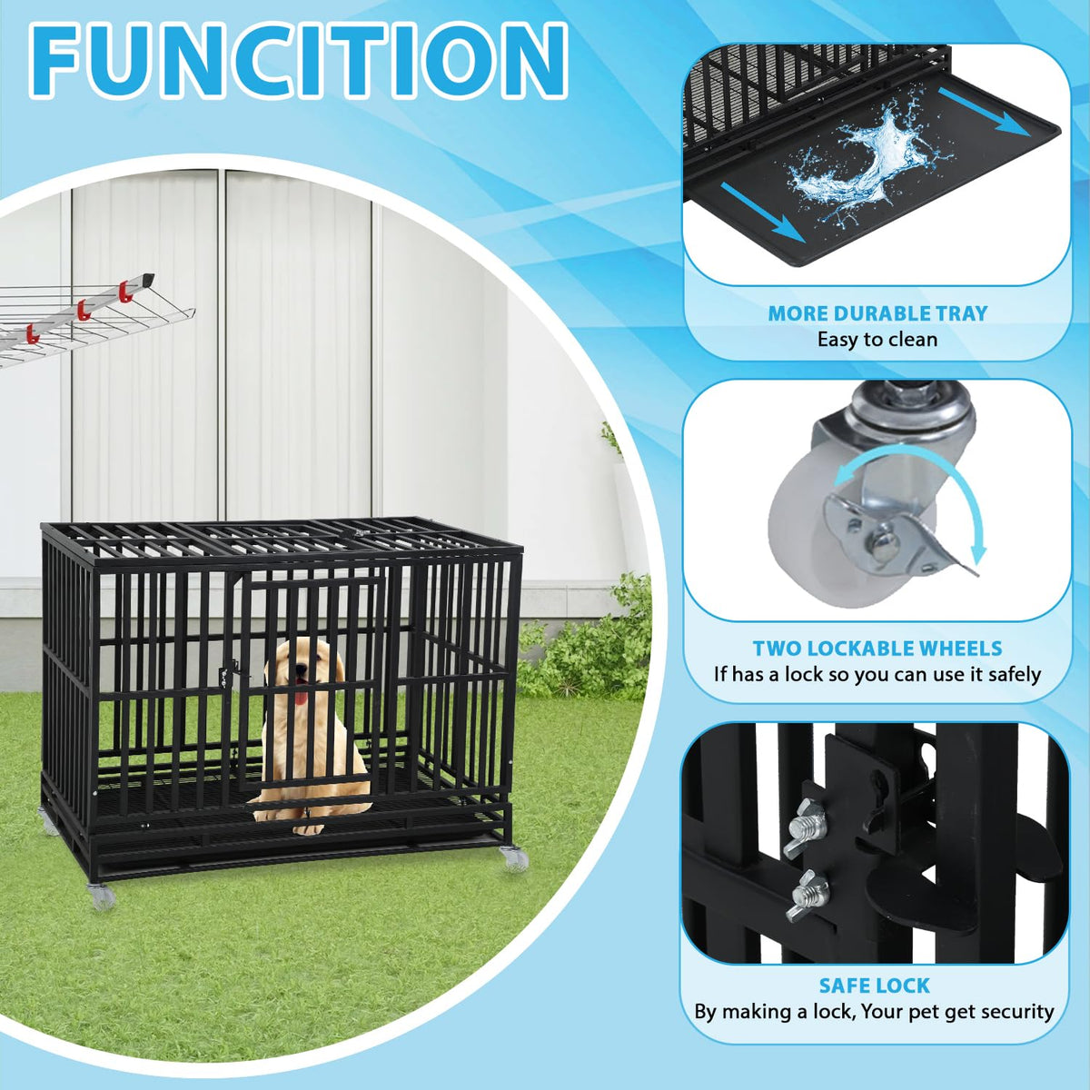 48 Inch Heavy Duty Dog Crate with Plastic Tray Double Doors W1043