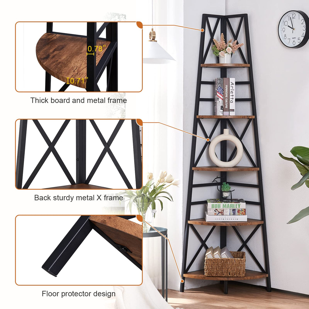 5 Tier 72 Inch Tall Corner Bookshelf P43409