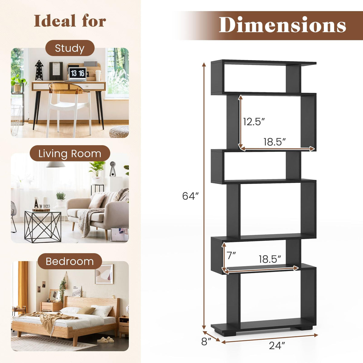 6-Tier S-Shaped Wooden Bookshelf T993