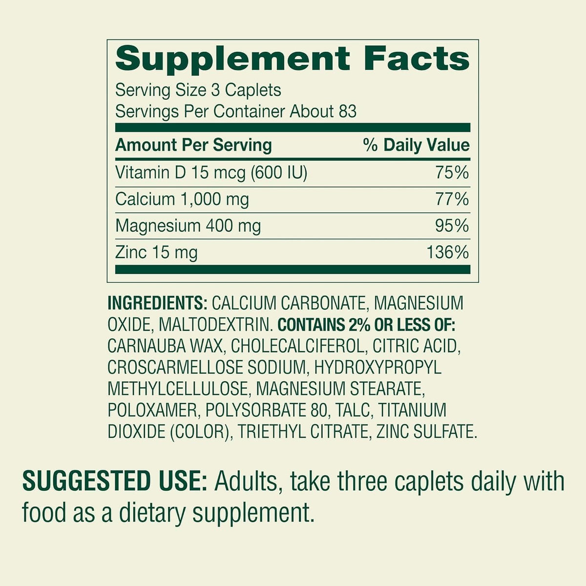 Calcium Magnesium Zinc with Vitamin D3 250 Caplets T78503