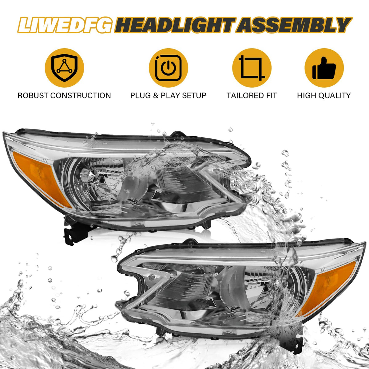 Halogen Headlight Assembly Pair Set Chrome Housing Amber Reflector F6863