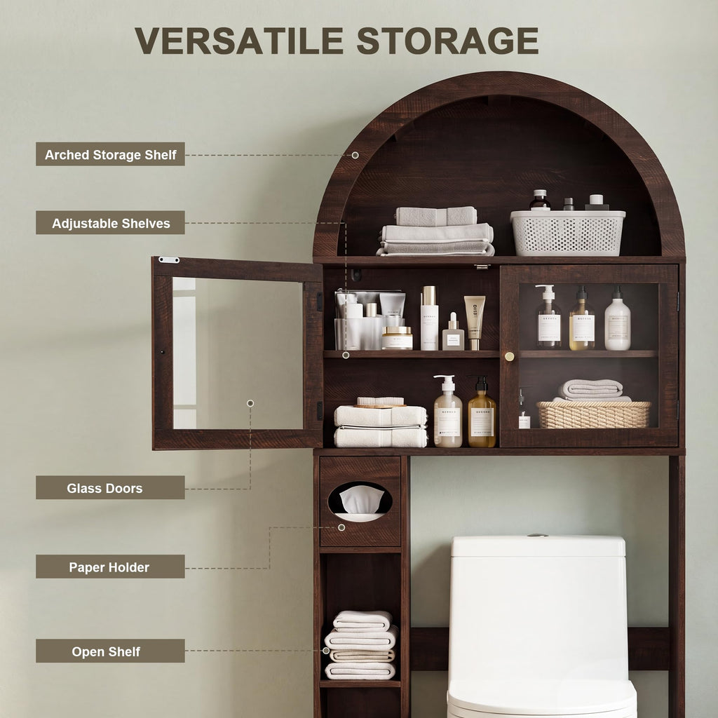 Over the Toilet Storage Cabinet with Arched Top, 68" Tall, Dark Walnut W336