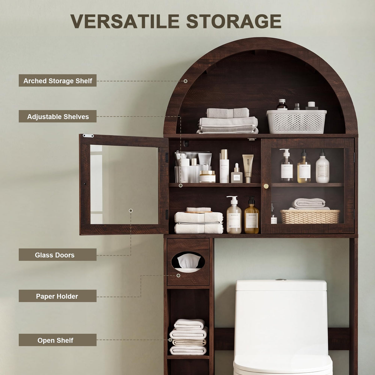 Over the Toilet Storage Cabinet with Arched Top, 68" Tall, Dark Walnut W336