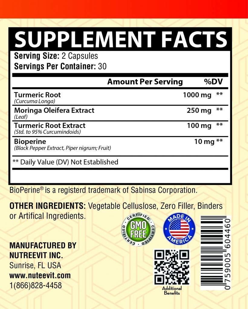 Organic Turmeric Curcumin with Moringa Oleifera and Bioperine Supplement 200 Count W952675