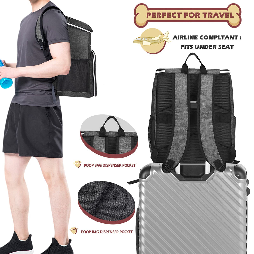 Dog Travel Bag Backpack with 2 Silicone Collapsible Bowls and 2 Food Baskets Grey W694