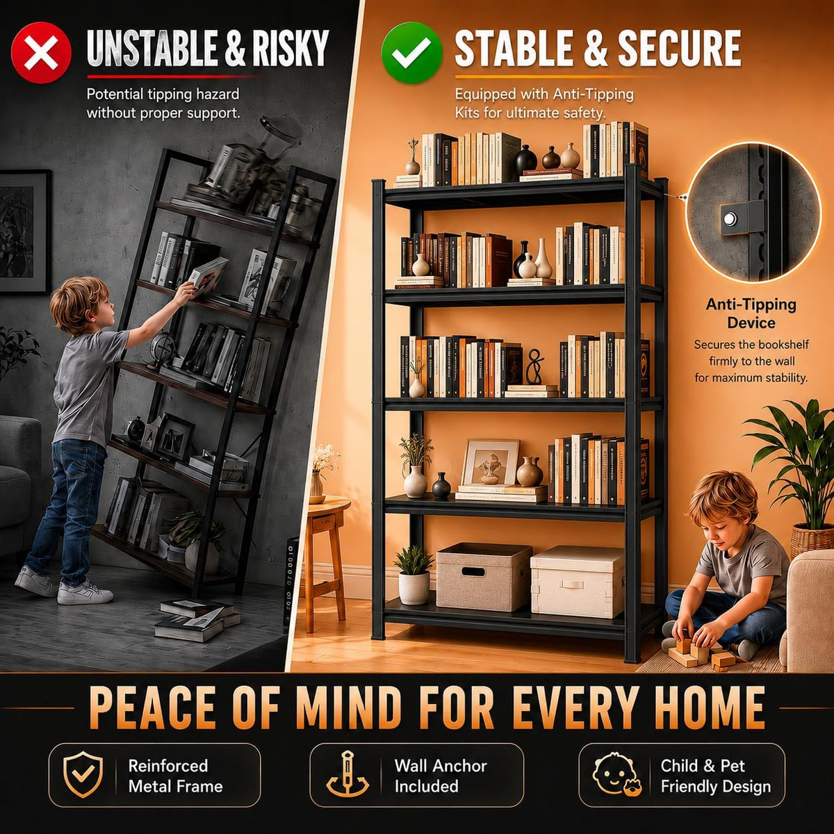 5 Tier Black Metal Bookshelf C75948