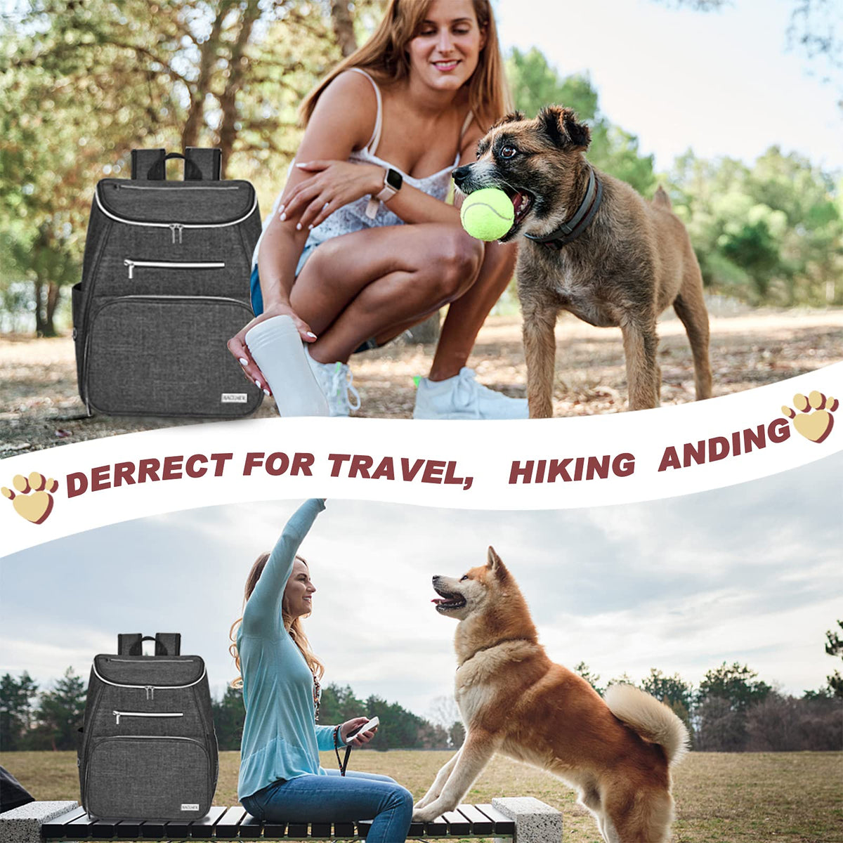 Dog Travel Bag Backpack with 2 Silicone Collapsible Bowls and 2 Food Baskets Grey W694