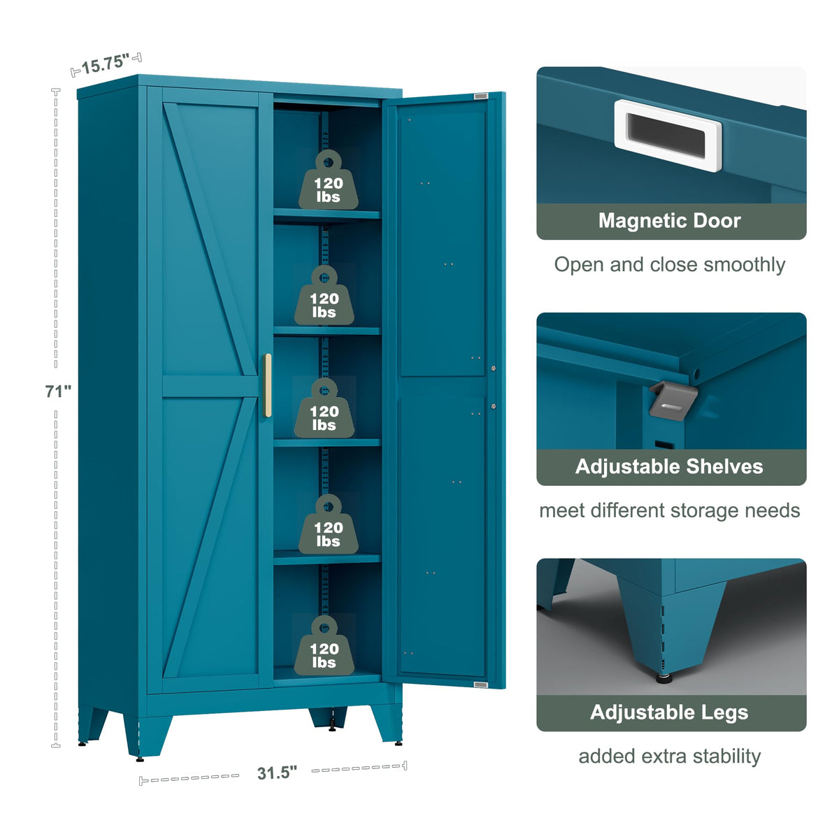 71'' Peacock Blue Metal Storage Cabinet with 4 Adjustable Shelves U495
